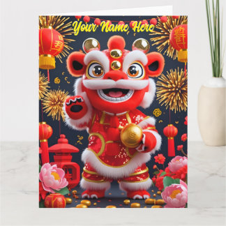 Tarjeta Personalizado Lindo León de Baile Chino Rojo Dorad