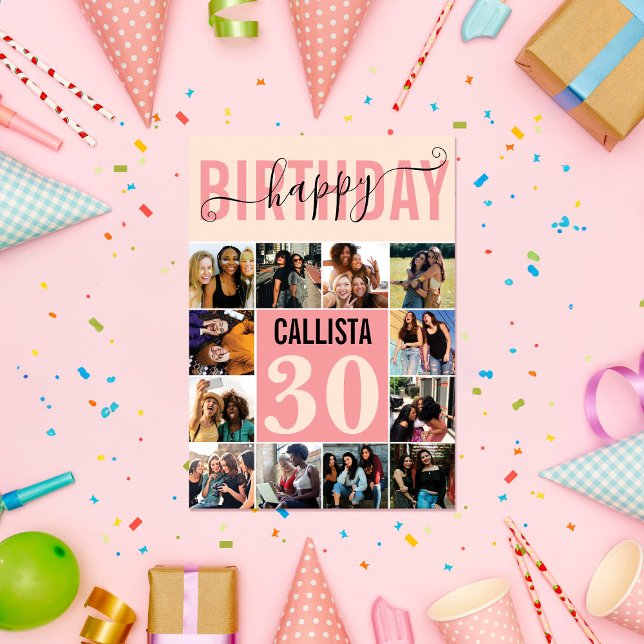 Tarjeta Personalizado moderno Rubor Pink 12 Photo Birthday (Subido por el creador)