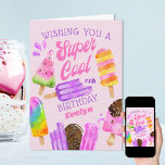 Tarjeta Personalizado Popsicle Edad Chica Super Guay Cumpl<br><div class="desc">Tarjeta de cumpleaños Popsicle personalizada para un chica especial. Este diseño colorido presenta pópsiques de color agua y helados de chocolate en palos. El texto dice "deseándote un super genial cumpleaños, nombre" en tipografía caprichosa y letras retro a mano. La plantilla está configurada para que el personalizar tenga cualquier edad,...</div>