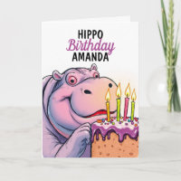 Personalizado Purple Cake Funny Hippo Cumpleaños
