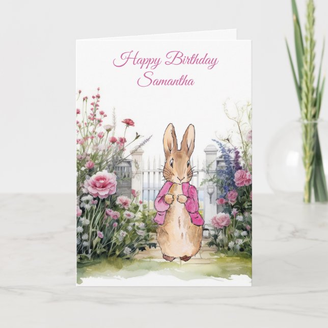 Tarjeta Personalizar nombre Peter Rabbit chaqueta rosa  (Anverso)