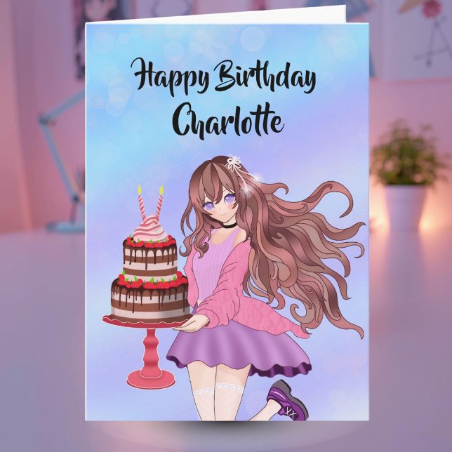 Tarjeta Personalize Anime Teenager Girl With Birthday Cake (Subido por el creador)