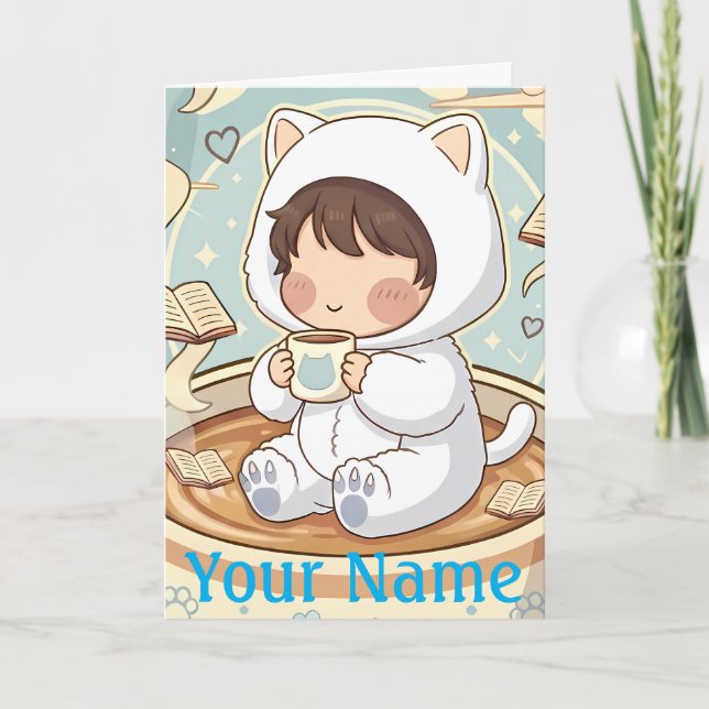 Tarjeta Personalized Cat Greeting Card for Book Lovers (Anverso)