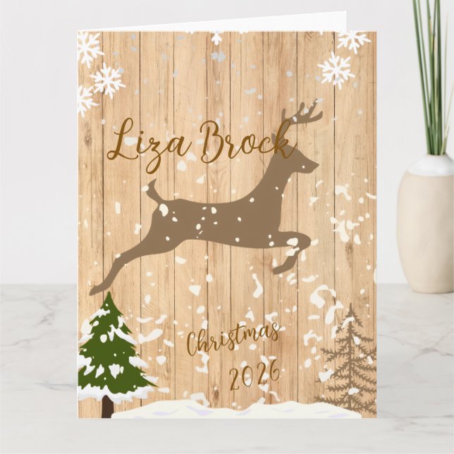 Tarjeta Personalized doe Christmas bauble wooden backgroun (Anverso)