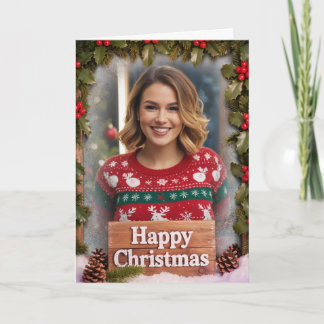Tarjeta Personalized Family Photo Christmas Rustic Wood