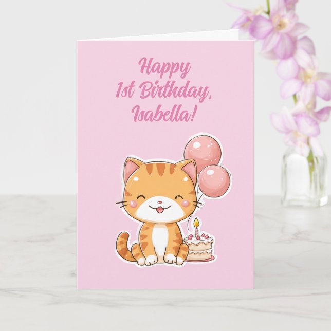 Tarjeta Personalized Happy 1st Birthday Girl, Cute Kitten (Orquídea)