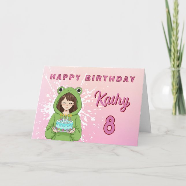 Tarjeta Personalized Kawaii Frog Hoodie Girl Birthday (Anverso)