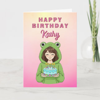 Tarjeta Personalized Kawaii Frog Hoodie Girl Birthday