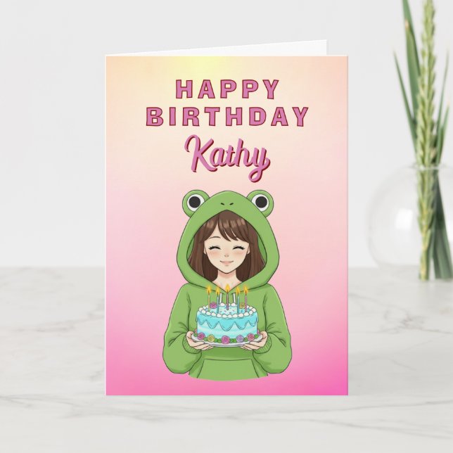 Tarjeta Personalized Kawaii Frog Hoodie Girl Birthday (Anverso)