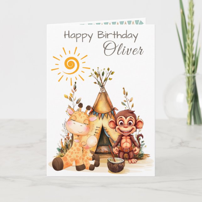 Tarjeta Personalized Kids Birthday Card with Cute Animals (Anverso)