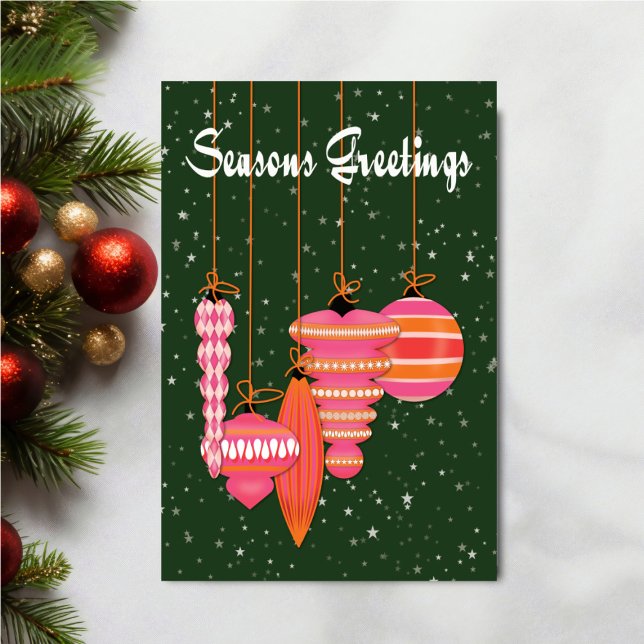 Tarjeta Personalized Pink Ornaments Seasons Greetings (Personalize your holiday wishes, by adding a custom message.)