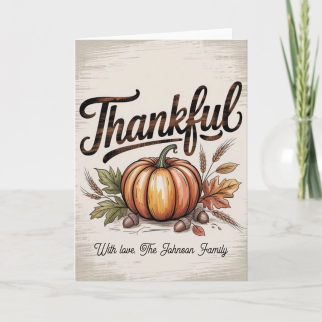 Tarjeta Personalized Vintage Rustic Thankful Pumpkin (Anverso)