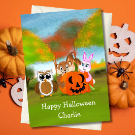 Tarjeta PersonalizedHappy Halloween Chipmunk, Rabbit & Owl