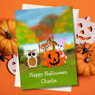 Tarjeta PersonalizedHappy Halloween Chipmunk, Rabbit & Owl