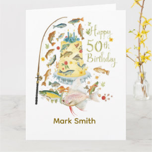 Tarjeta Pesca Cumpleaños 50 con pastel tema de pesca