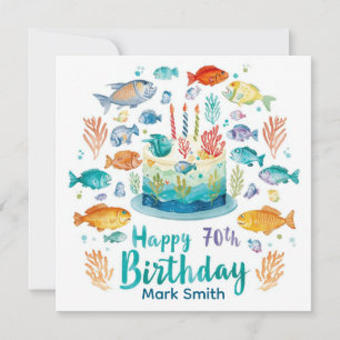 Tarjeta Pesca Cumpleaños 70 con pastel tema de pesca