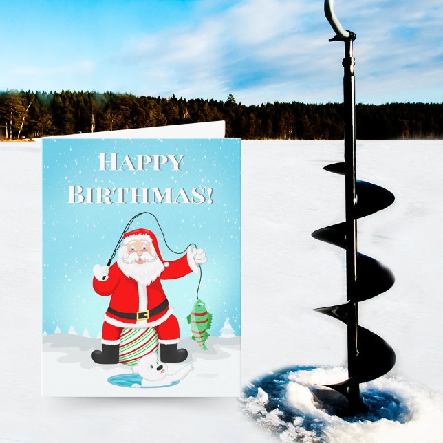 Tarjeta Pesca de cumpleaños con hielo con oso polar (Santa and a polar bear ice fishing: the perfect whimsical birthday card!)