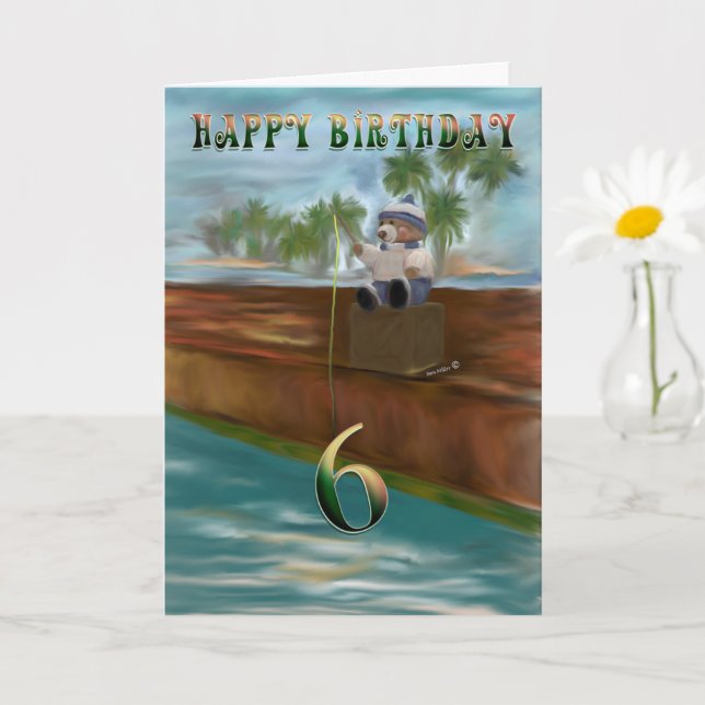 Tarjeta Pesca Teddy Bear Feliz 6 cumpleaños (Planta pequeña)