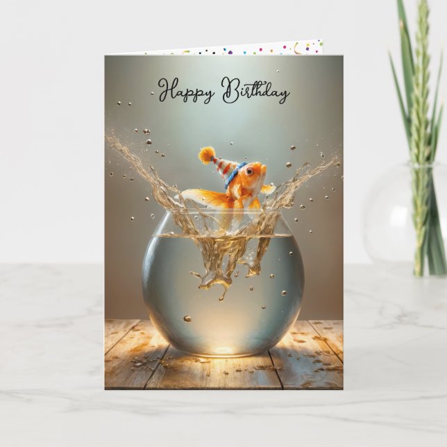 Tarjeta Pescado de oro de cumpleaños saltando de una pecer (Anverso)