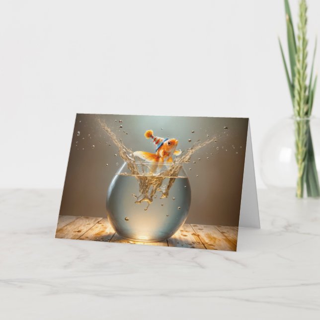 Tarjeta Pescado de oro de cumpleaños saltando de una pecer (Anverso)