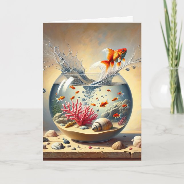 Tarjeta Pescado de oro de cumpleaños saltando de una pecer (Anverso)