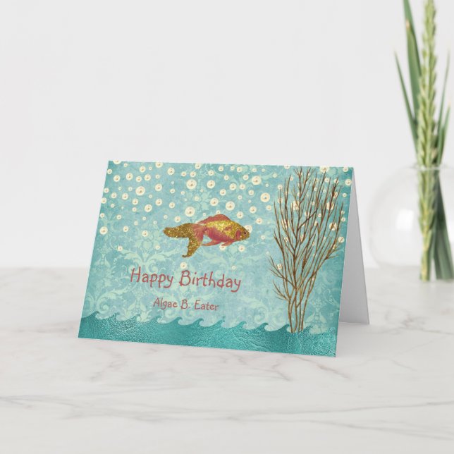 Tarjeta Pescado de oro Perla Verde azulada Confetti Cumple (Anverso)