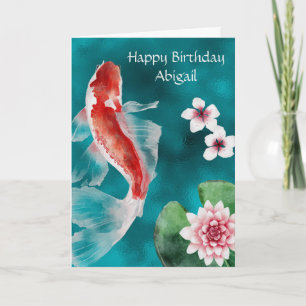 Tarjeta Pescado Koi personalizado, flores de cerezo cumple