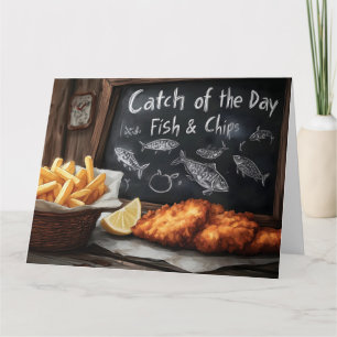 Tarjeta Pescado y patatas clásicas y Ilustracion de pizarr