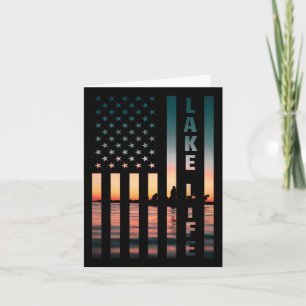 Tarjeta Pescador de Lake Life Sunset Bandera Estadounidens