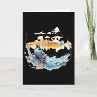 Tarjeta Pescador en pueblo europeo relajante arte de pesca