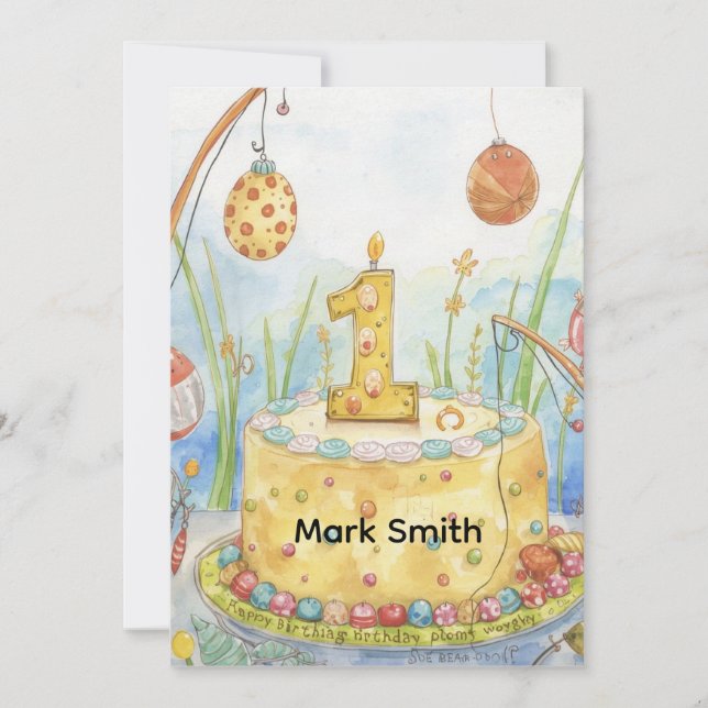 Tarjeta Pescando el primer cumpleaños con pastel para los  (Anverso)