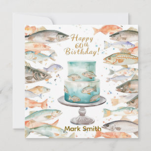 Tarjeta Pescar cumpleaños 60 con pastel tema de pesca