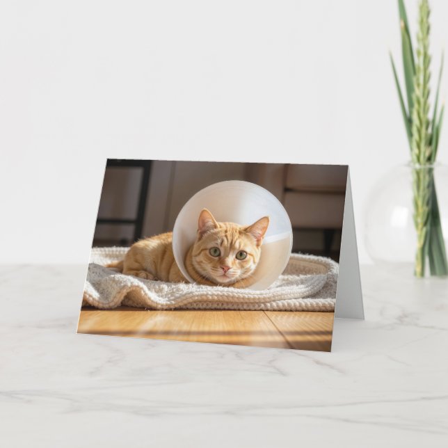 Tarjeta Pet Get Well Ginger Cat Wearing a Cone of Shame (Anverso)