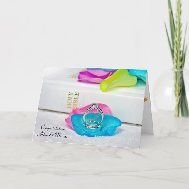Tarjeta Pétalos y anillos de rosa arcoiris con Biblia (Anverso)