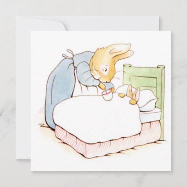 Tarjeta Peter Rabbit en cama (alimentado por su madre) (Anverso)