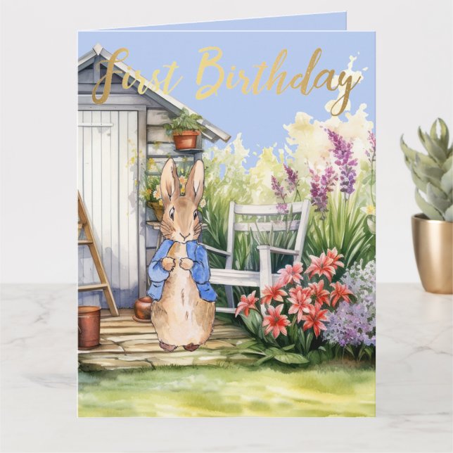 Tarjeta Peter the Rabbit Garden Shed First Birday (Planta pequeña)