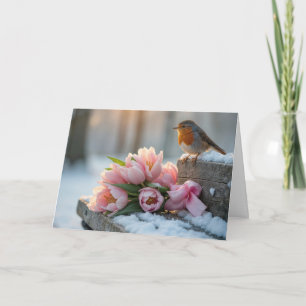 Tarjeta Petirrojo de primavera con tulipanes rosas