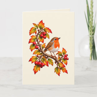 Tarjeta Petirrojo Diseño Botánico Otoñal de Pájaro