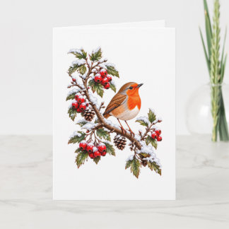 Tarjeta Petirrojo en rama nevada en invierno Navidad