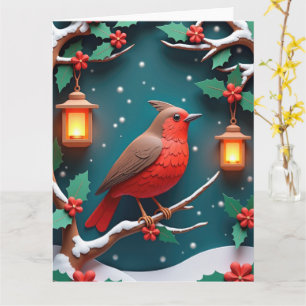Tarjeta Petirrojo Festivo en Rama de Acebo Navidad
