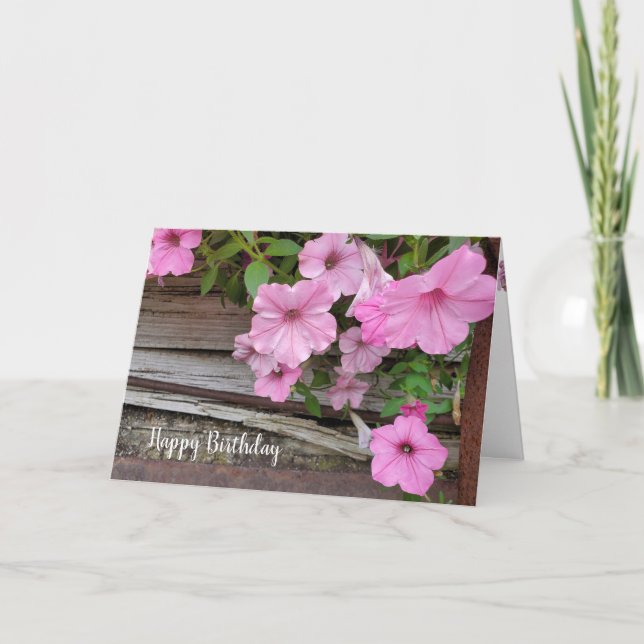 Tarjeta Petunia rosa de cumpleaños sobre madera (Anverso)
