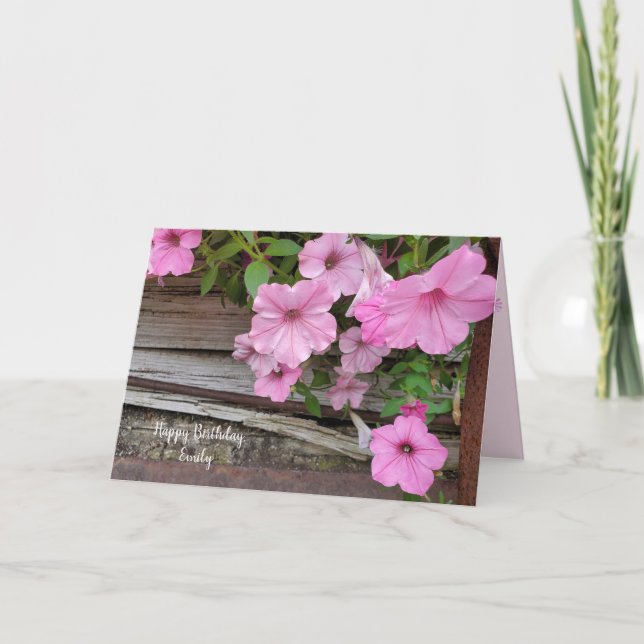 Tarjeta petunia rosa en madera para cumpleaños (Anverso)