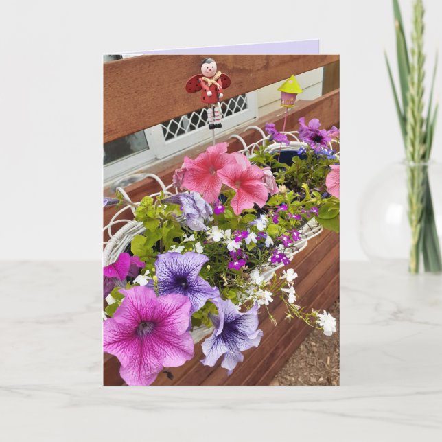 Tarjeta Petunias moradas y rosadas de bonito y jardín de h (Anverso)