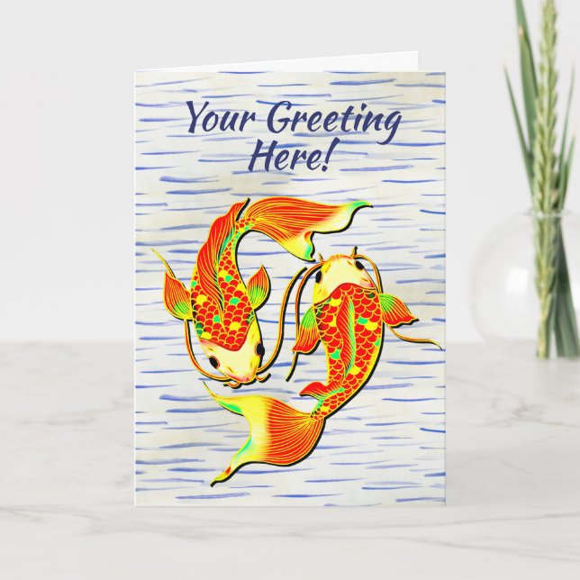 Tarjeta Pez carpa koi naranja verde en cumpleaños  (Anverso)