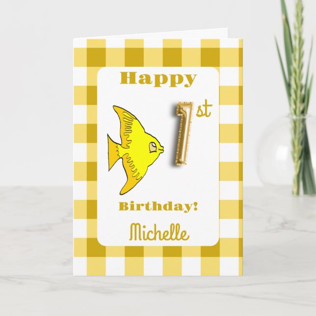 Tarjeta Pez y globo número 1 cumpleaños con gingham amaril (Anverso)