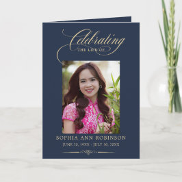 Tarjeta Photo Elegant Blue Gold Funeral Keepsake Program