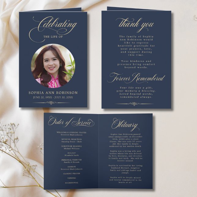 Tarjeta Photo Elegant Blue Gold Script Funeral Program (Subido por el creador)