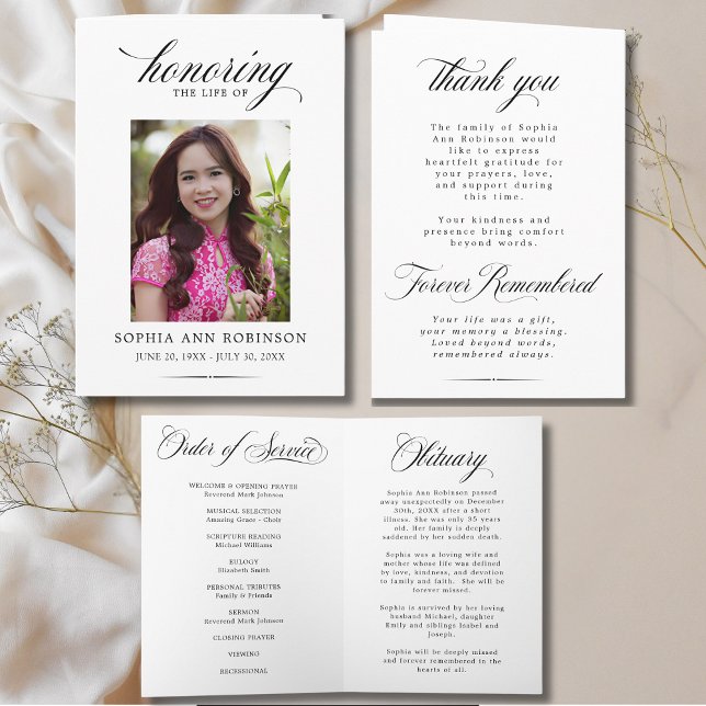 Tarjeta Photo Modern Memorial Order of Service Program  (FRONT,  INSIDE & BACK OF MEMORIAL PROGRAM  )