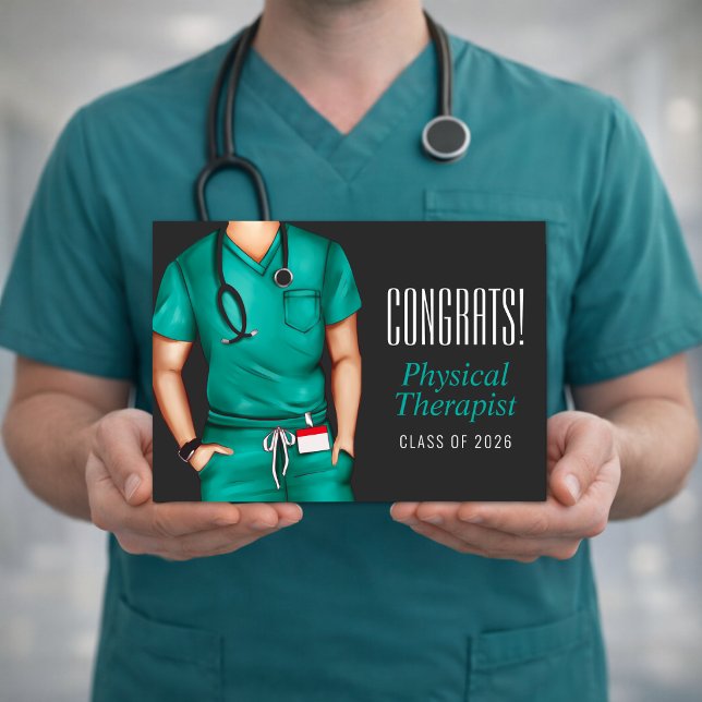 Tarjeta Physical Therapist Graduation Card (Physical therapist graduation greeting card held in hands realistic scrubs mockup clean design)