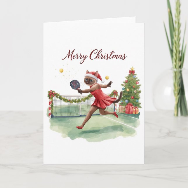 Tarjeta Pickleball navideño con gato  (Anverso)